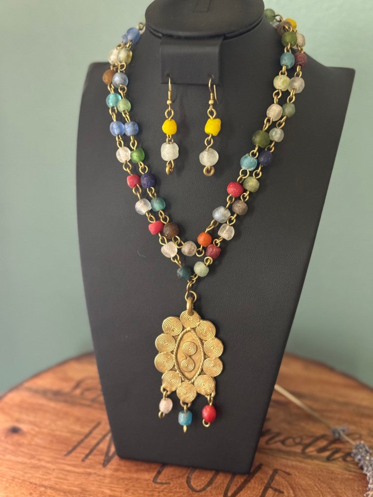 Multicolor Handcrafted African Glass Beads Long Necklace Set