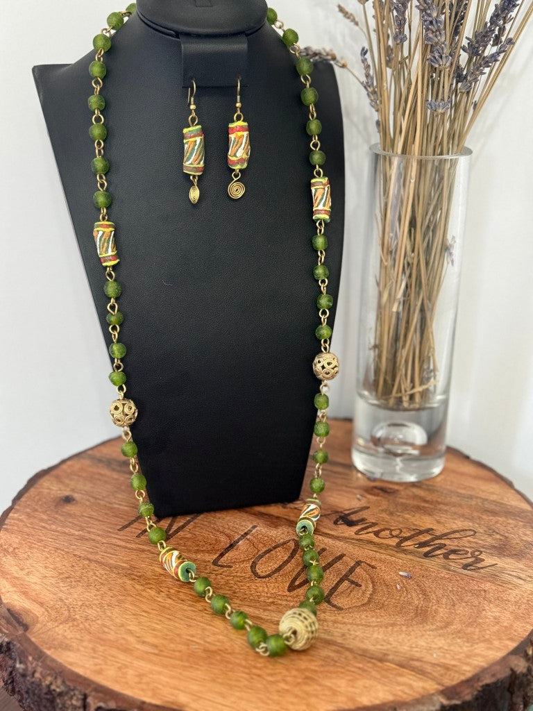 Green Handcrafted African Glass Beads Long Necklace Set