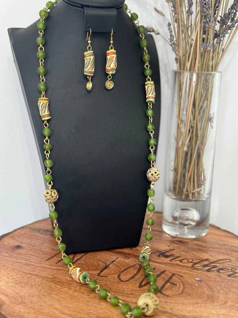 Green Handcrafted African Glass Beads Long Necklace Set