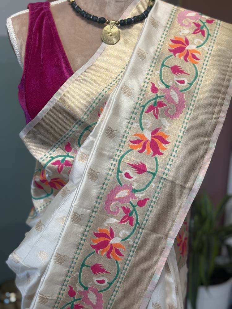 Cream Banarasi Silk Saree with Paithani border