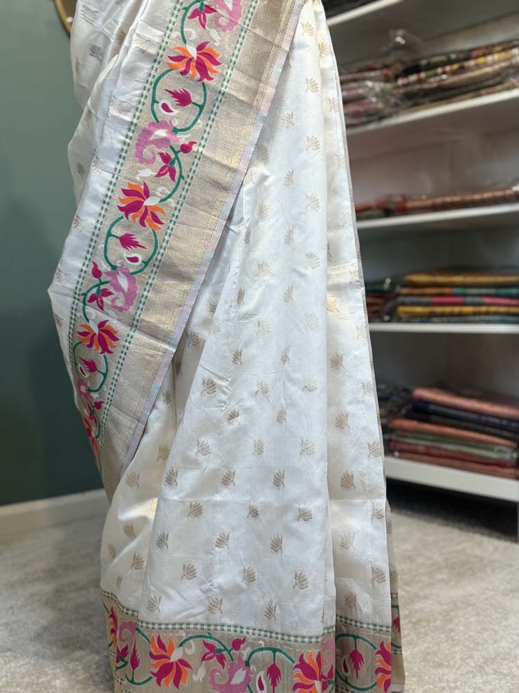 Cream Banarasi Silk Saree with Paithani border