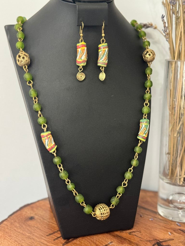 Green Handcrafted African Glass Beads Long Necklace Set