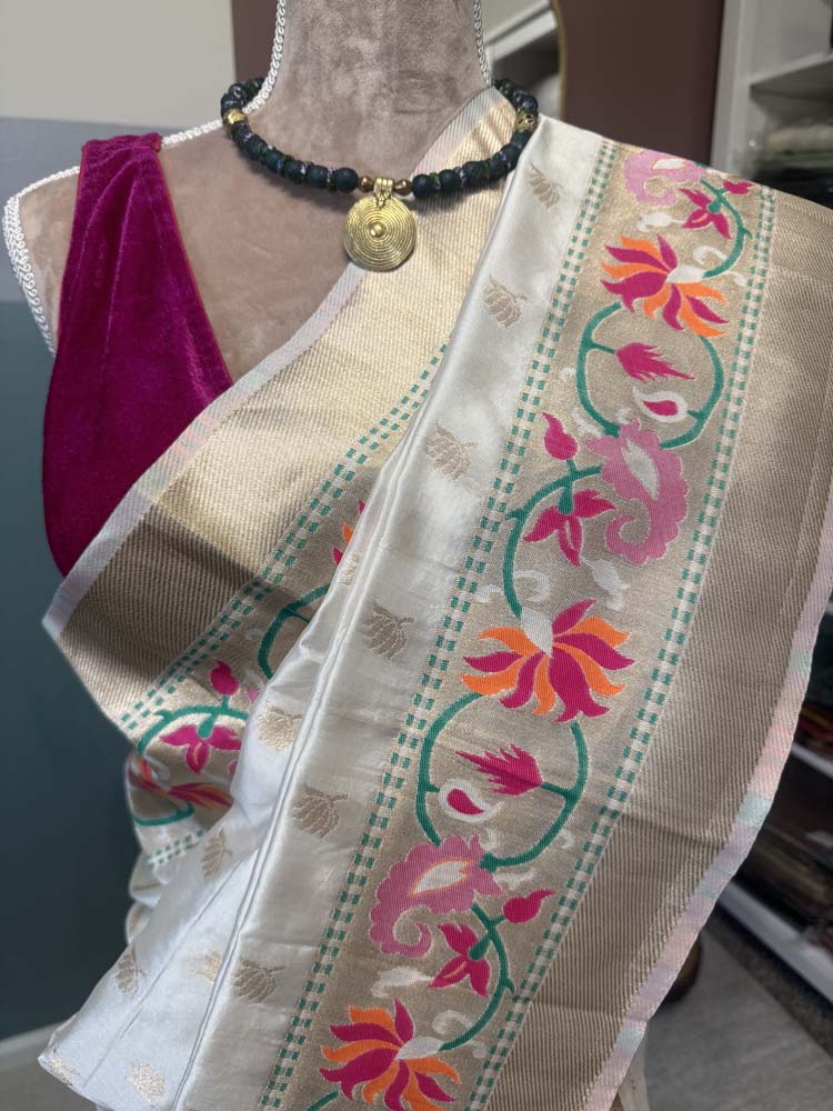 Cream Banarasi Silk Saree with Paithani border