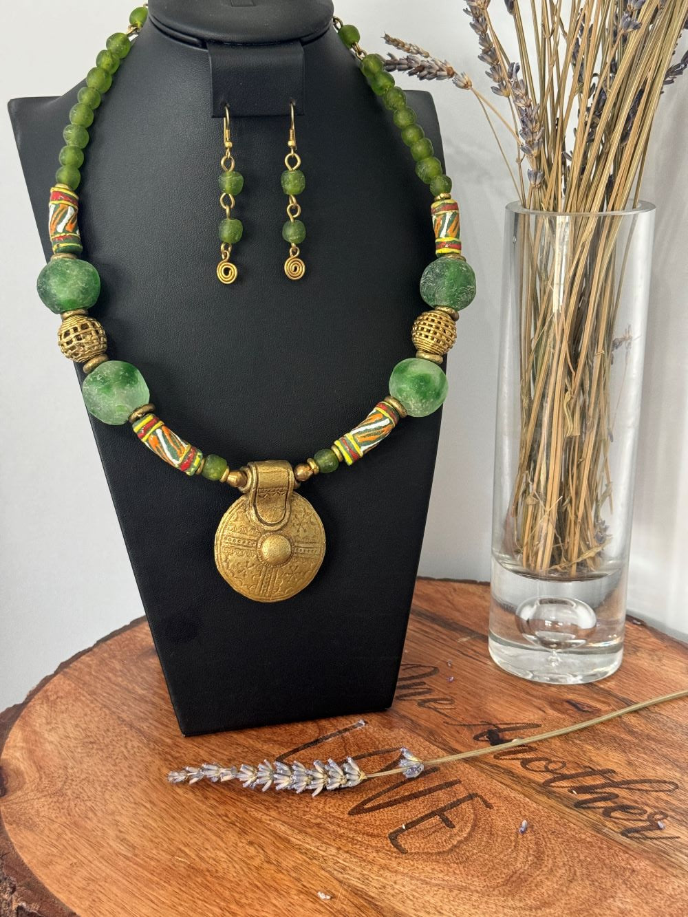 Green Handcrafted African Glass Beads Choker Necklace Set