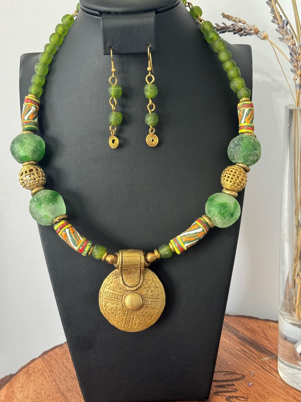 Green Handcrafted African Glass Beads Choker Necklace Set