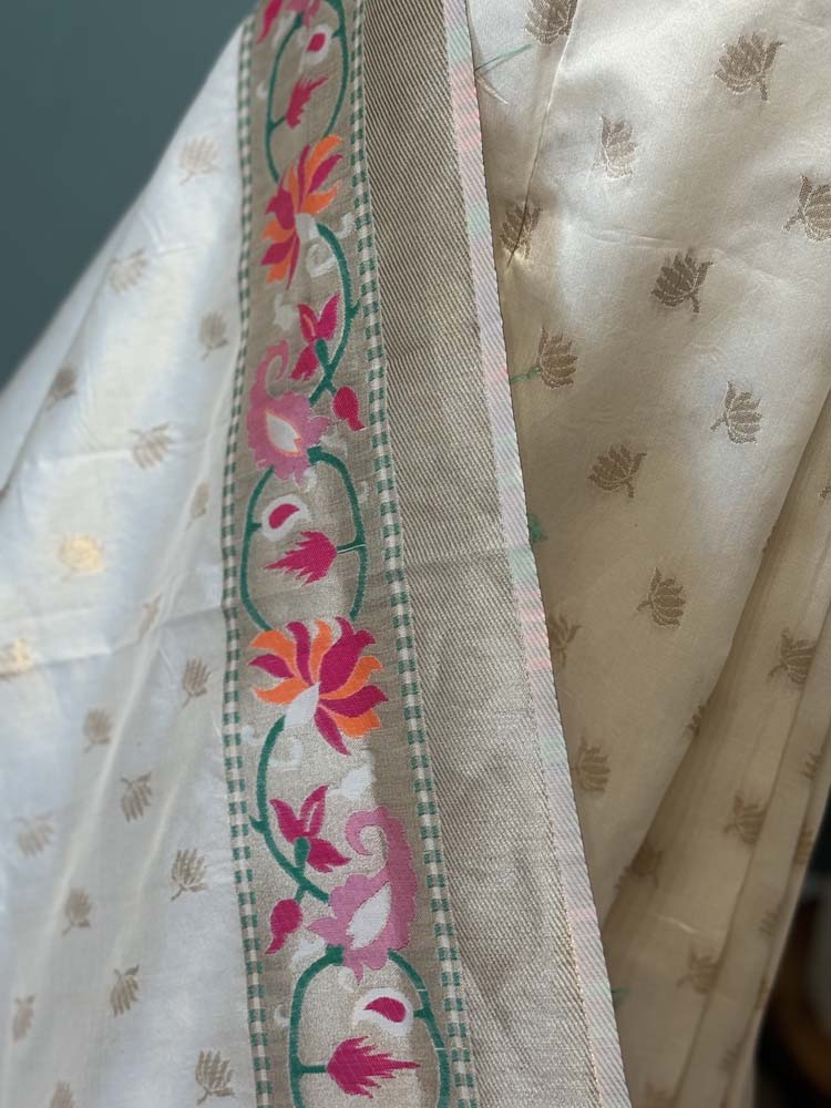 Cream Banarasi Silk Saree with Paithani border