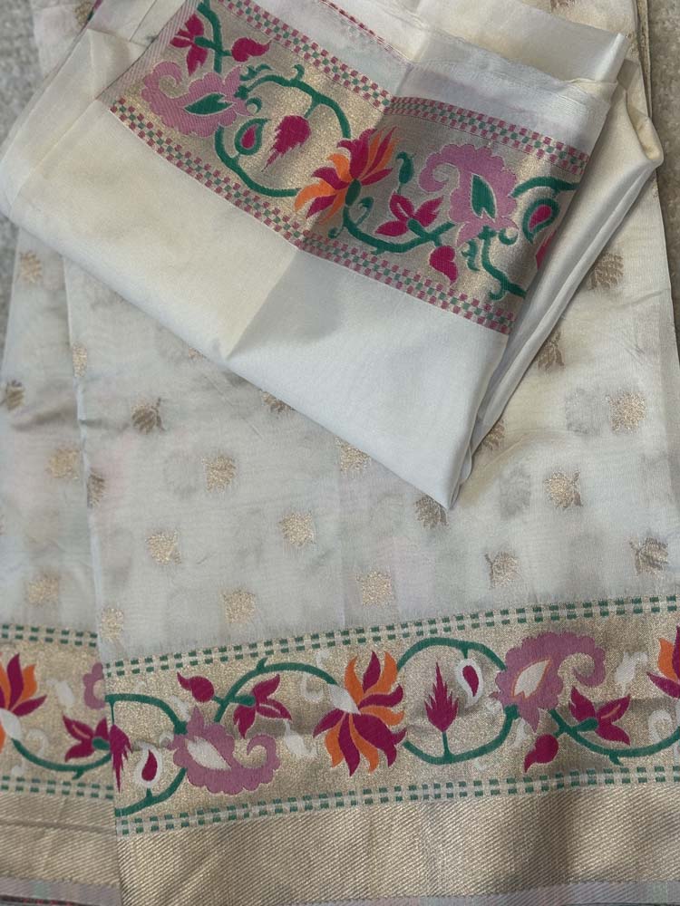 Cream Banarasi Silk Saree with Paithani border