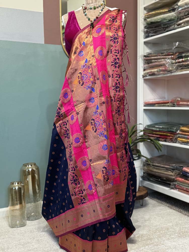 Navy Blue Pink Silk Saree with Paithani Border