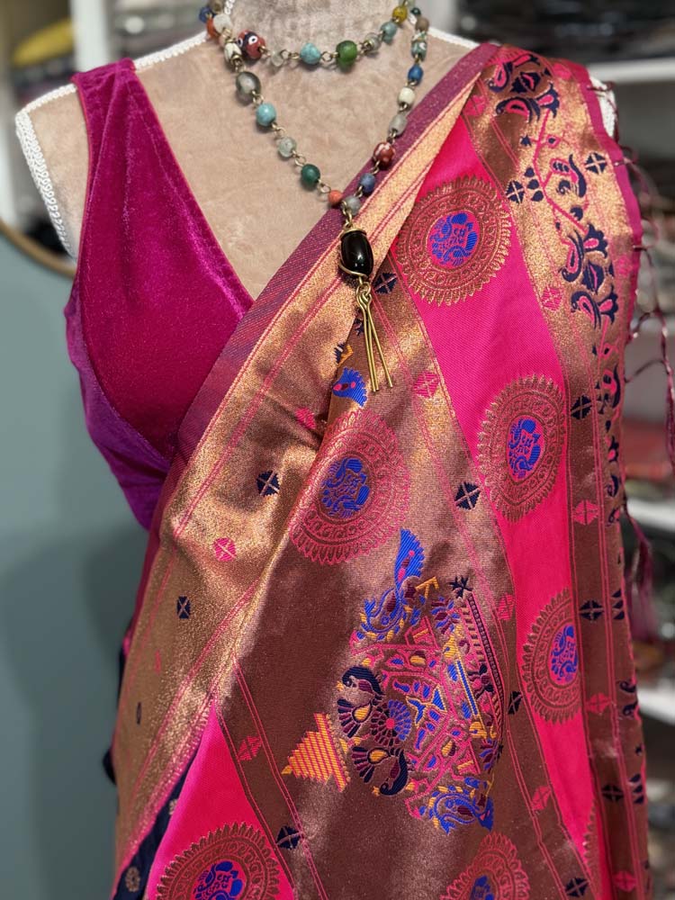 Navy Blue Pink Silk Saree with Paithani Border