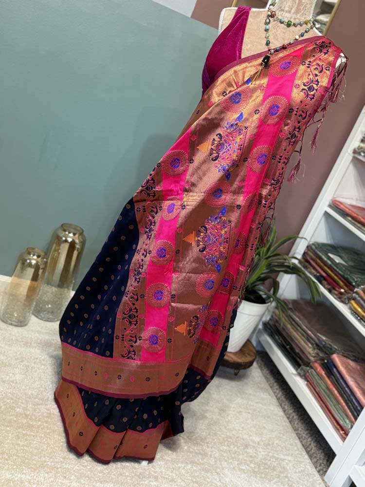 Navy Blue Pink Silk Saree with Paithani Border