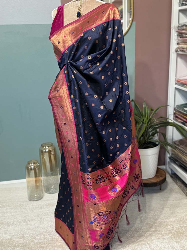 Navy Blue Pink Silk Saree with Paithani Border