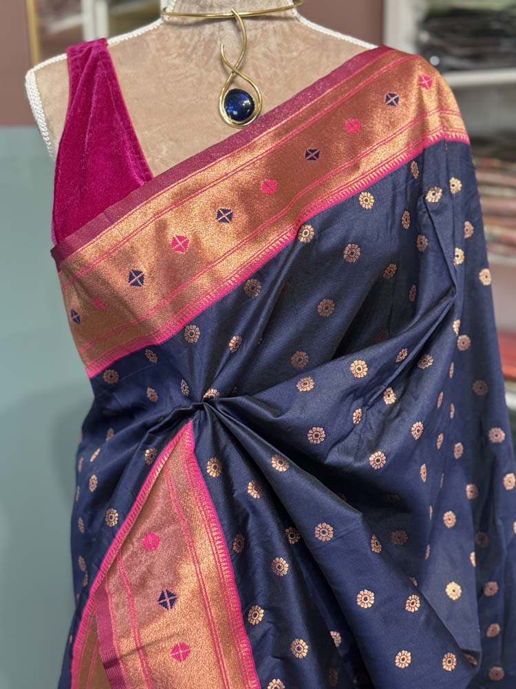 Navy Blue Pink Silk Saree with Paithani Border