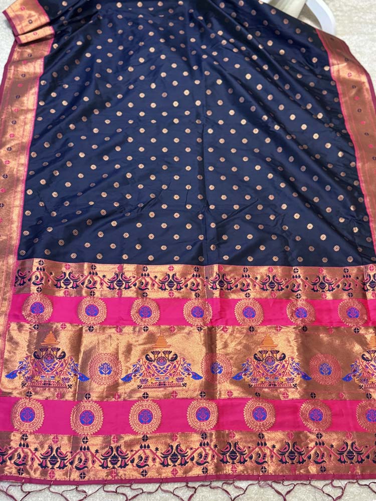 Navy Blue Pink Silk Saree with Paithani Border