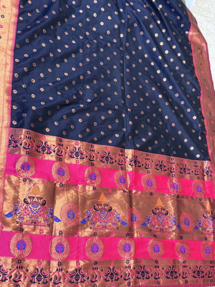 Navy Blue Pink Silk Saree with Paithani Border