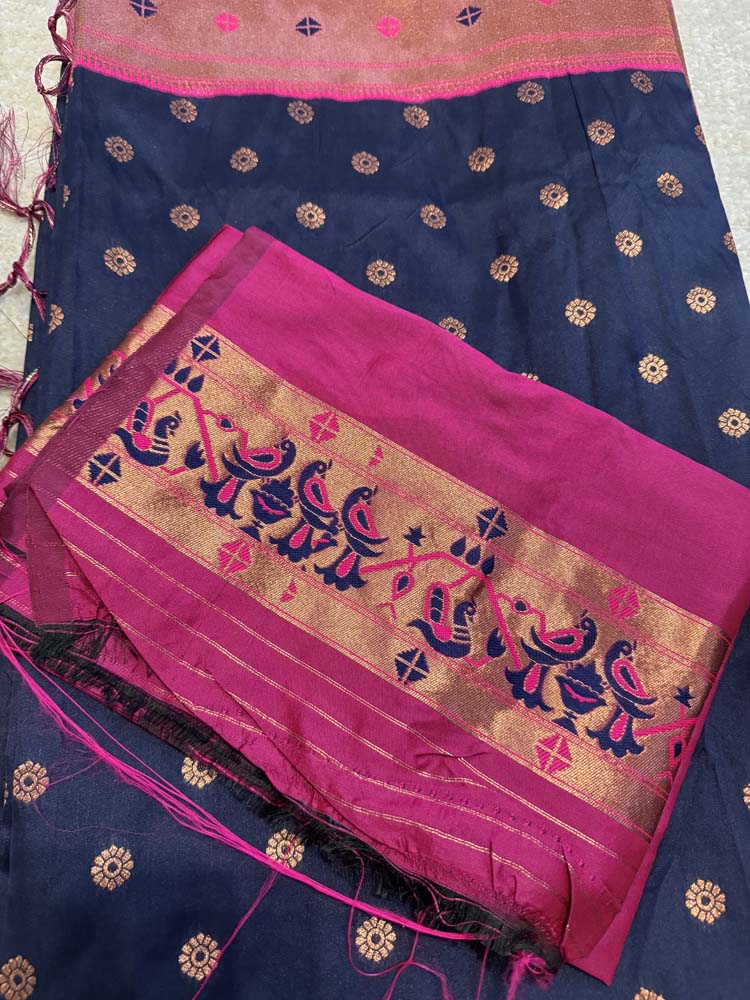 Navy Blue Pink Silk Saree with Paithani Border