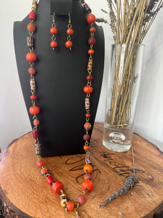 Orange Handcrafted African Glass Beads Long Necklace Set