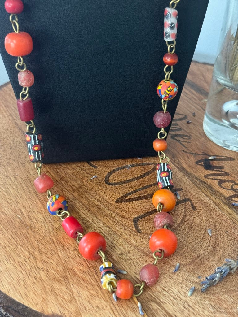 Orange Handcrafted African Glass Beads Long Necklace Set