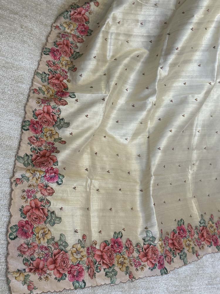 Off-white Hand painted Pure Tussar Silk