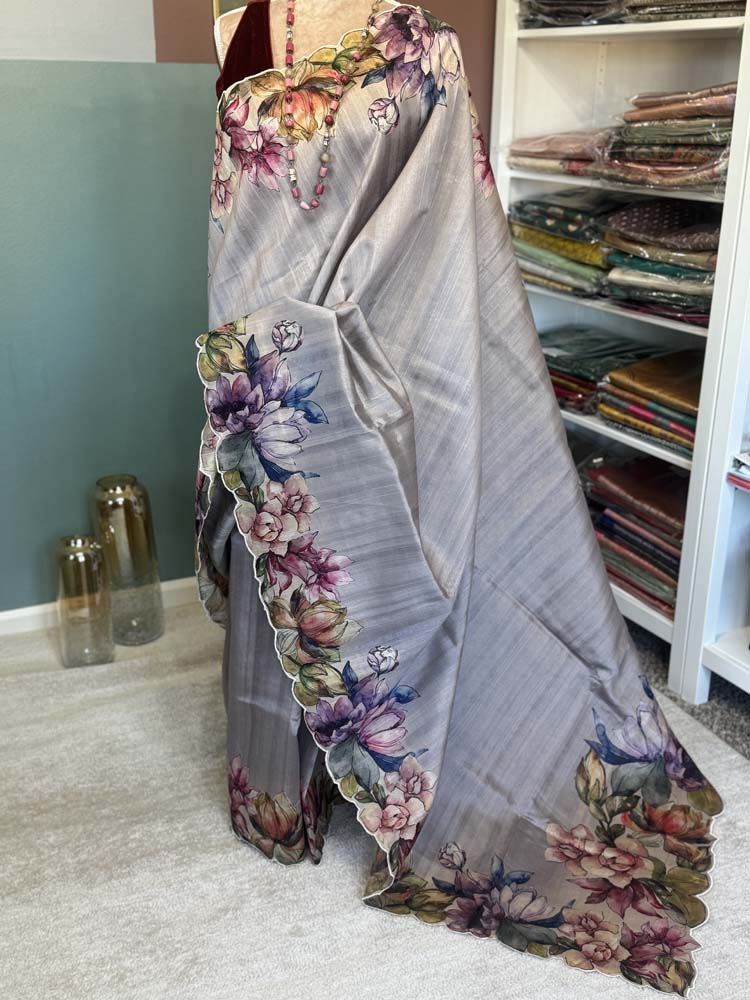 Grey Hand painted Pure Tussar Silk