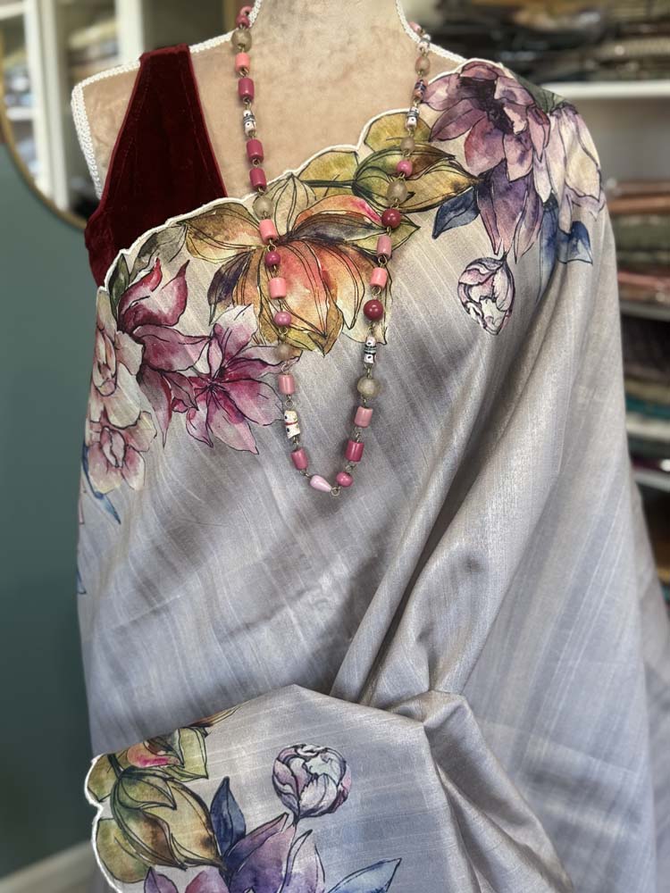 Grey Hand painted Pure Tussar Silk