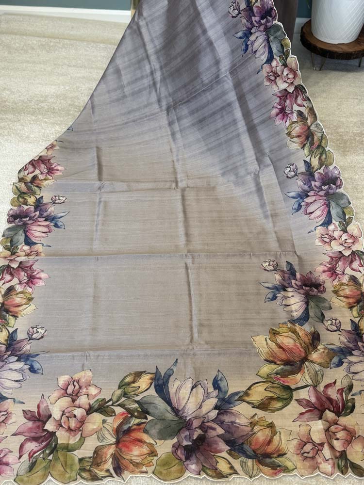 Grey Hand painted Pure Tussar Silk