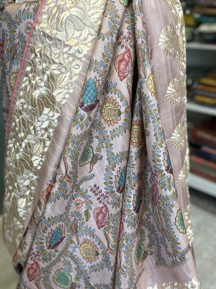 Light Pink Pure Tussar Silk Saree with Parsi Gara Embroidery