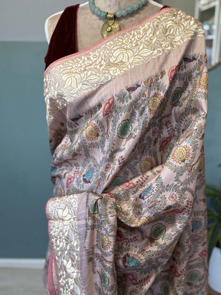 Light Pink Pure Tussar Silk Saree with Parsi Gara Embroidery