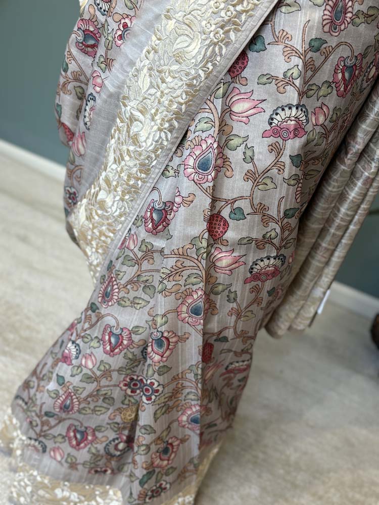 Grey Pure Tussar Silk Saree with Parsi Gara Embroidery