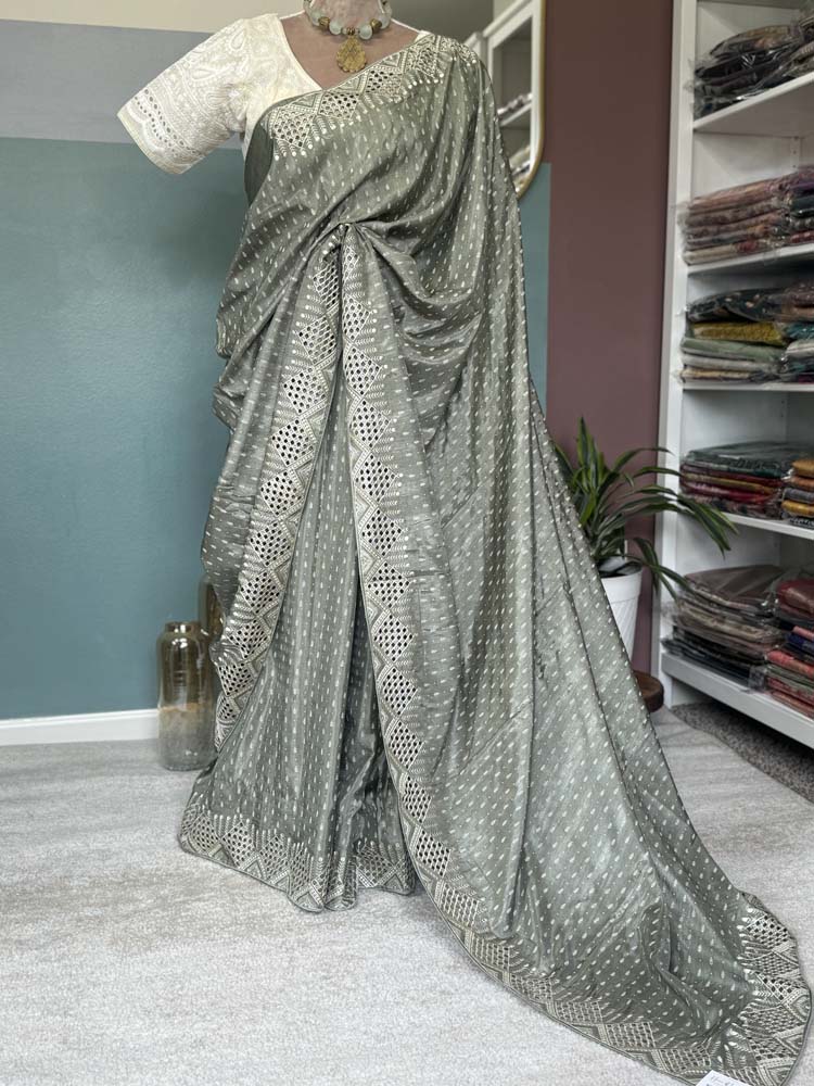 Sage Green Bapta Silk Saree with Cutwork Embroidery