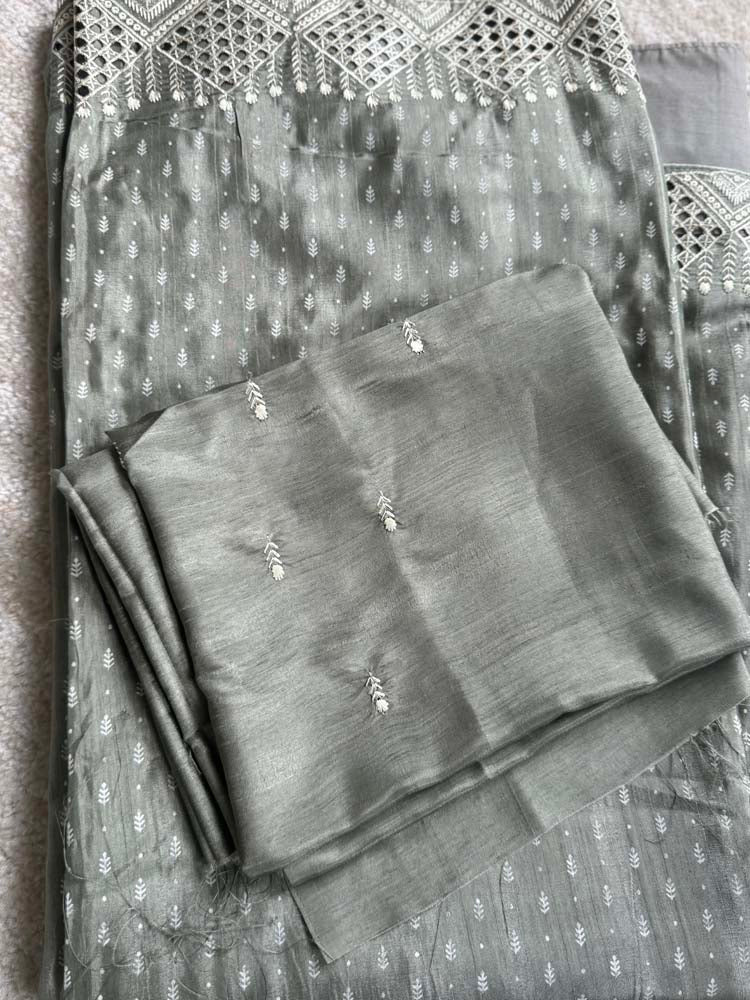 Sage Green Bapta Silk Saree with Cutwork Embroidery