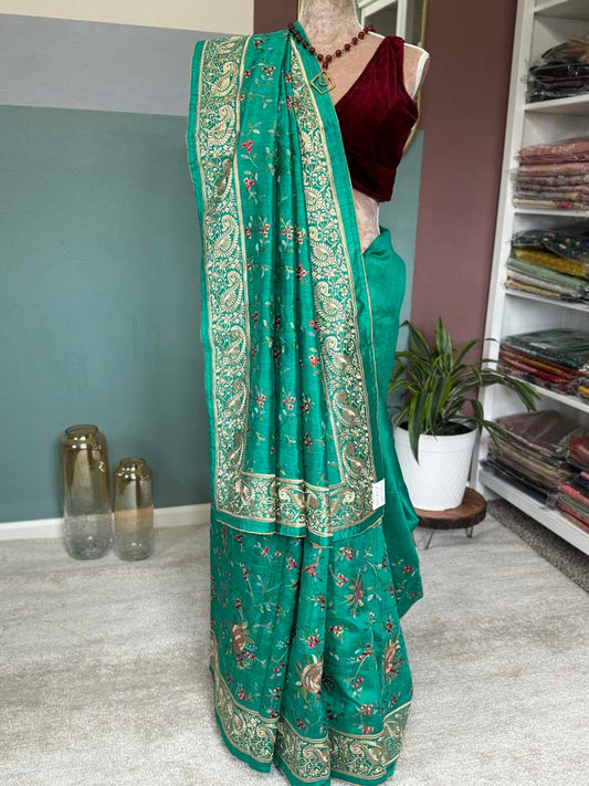 Green Pure Tussar Silk Saree with embroidery