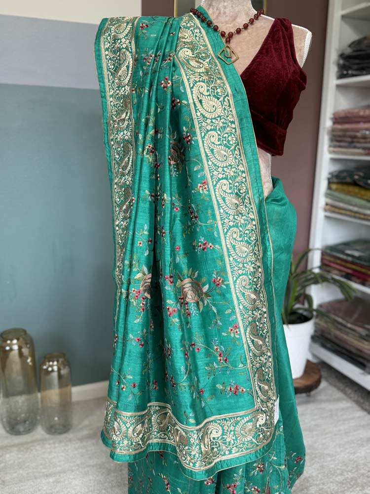 Green Pure Tussar Silk Saree with embroidery