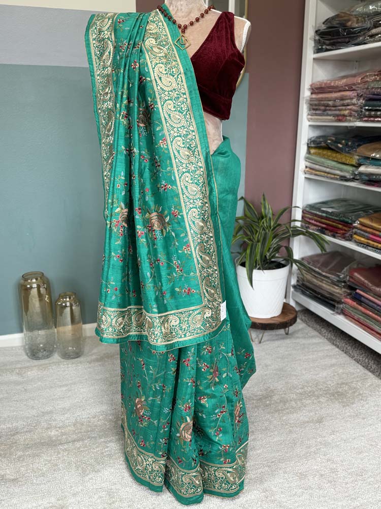 Green Pure Tussar Silk Saree with embroidery