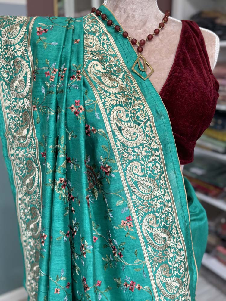 Green Pure Tussar Silk Saree with embroidery