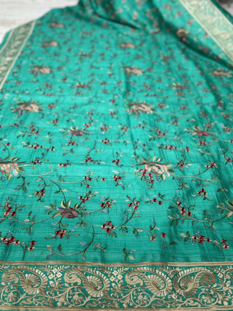 Green Pure Tussar Silk Saree with embroidery