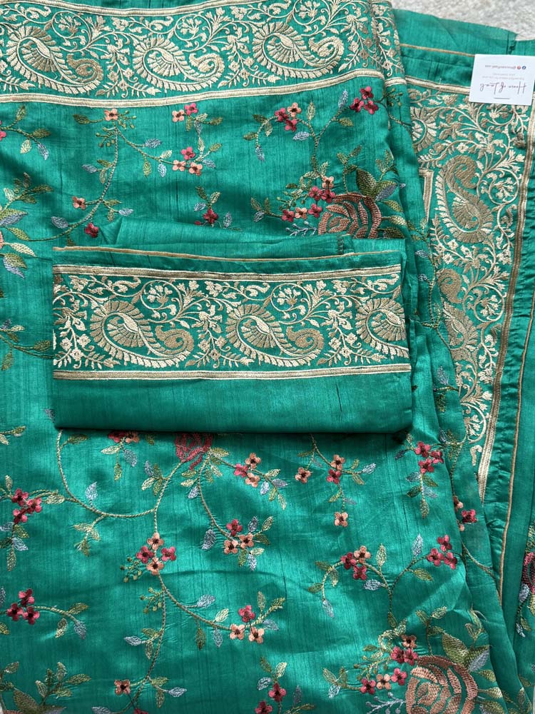 Green Pure Tussar Silk Saree with embroidery