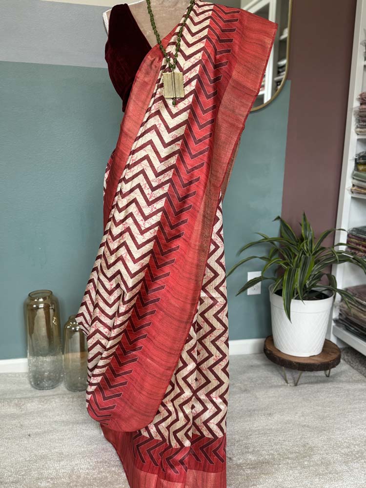 Red & Off-White Tussar Silk Saree