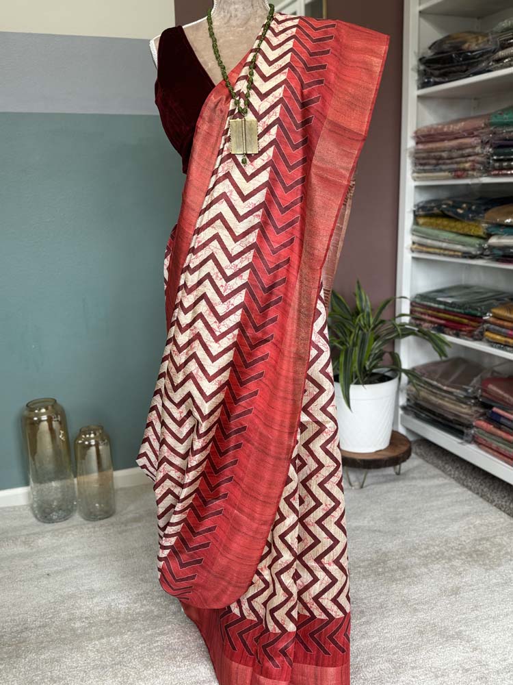 Red & Off-White Tussar Silk Saree