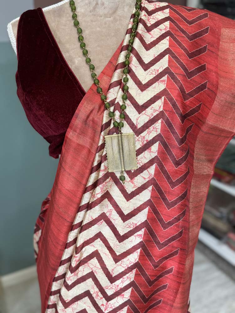 Red & Off-White Tussar Silk Saree