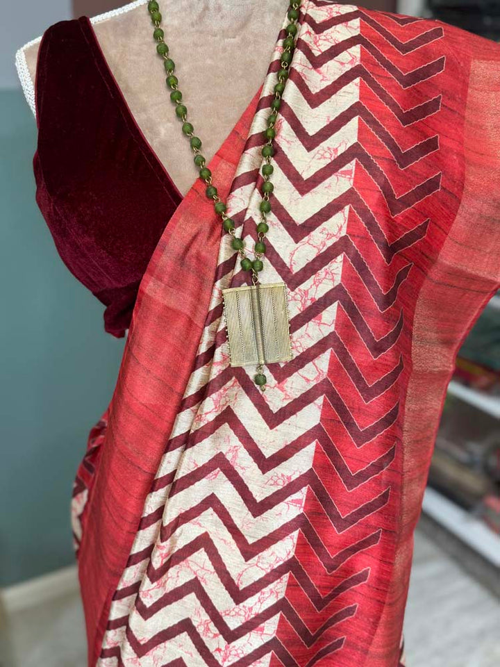 Red & Off-White Tussar Silk Saree