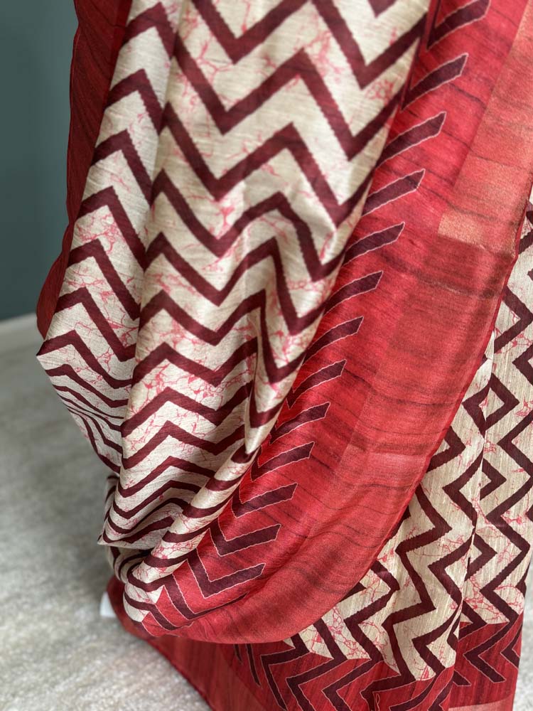 Red & Off-White Tussar Silk Saree