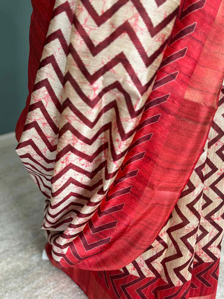 Red & Off-White Tussar Silk Saree