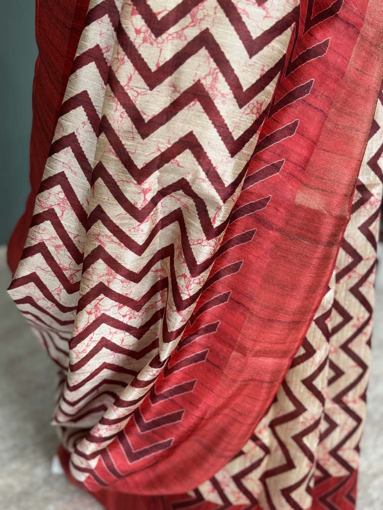 Red & Off-White Tussar Silk Saree