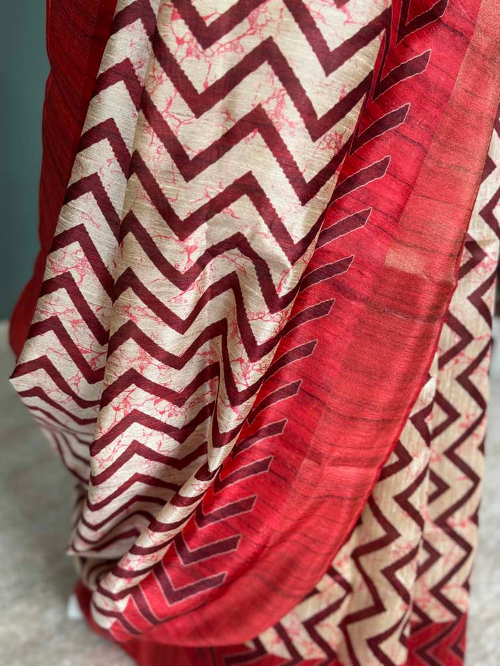 Red & Off-White Tussar Silk Saree