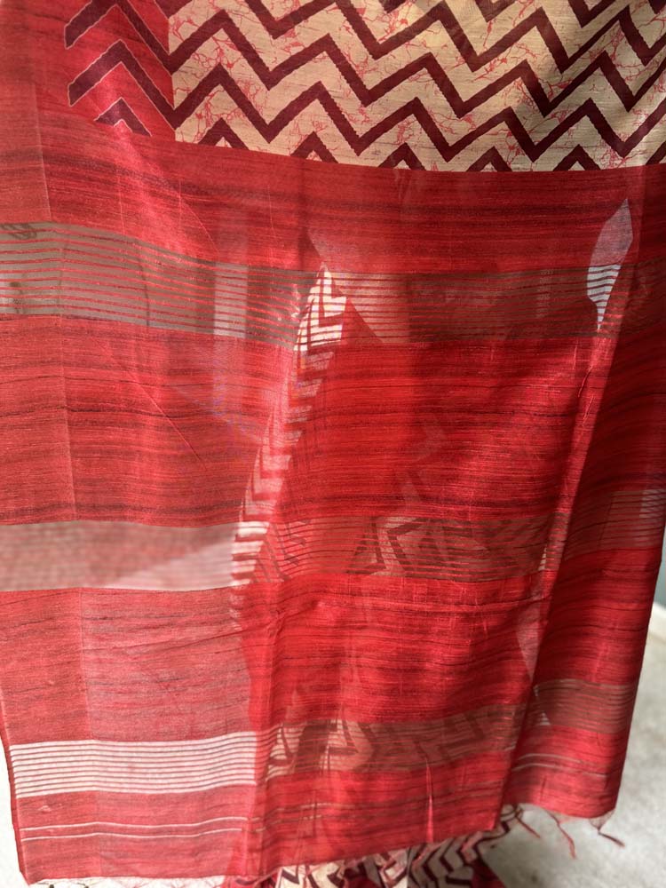 Red & Off-White Tussar Silk Saree