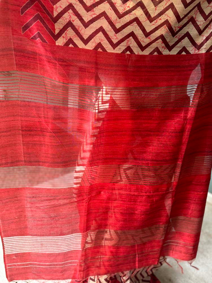 Red & Off-White Tussar Silk Saree