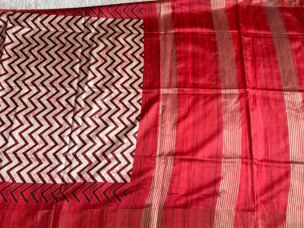 Red & Off-White Tussar Silk Saree