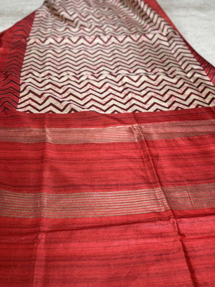 Red & Off-White Tussar Silk Saree