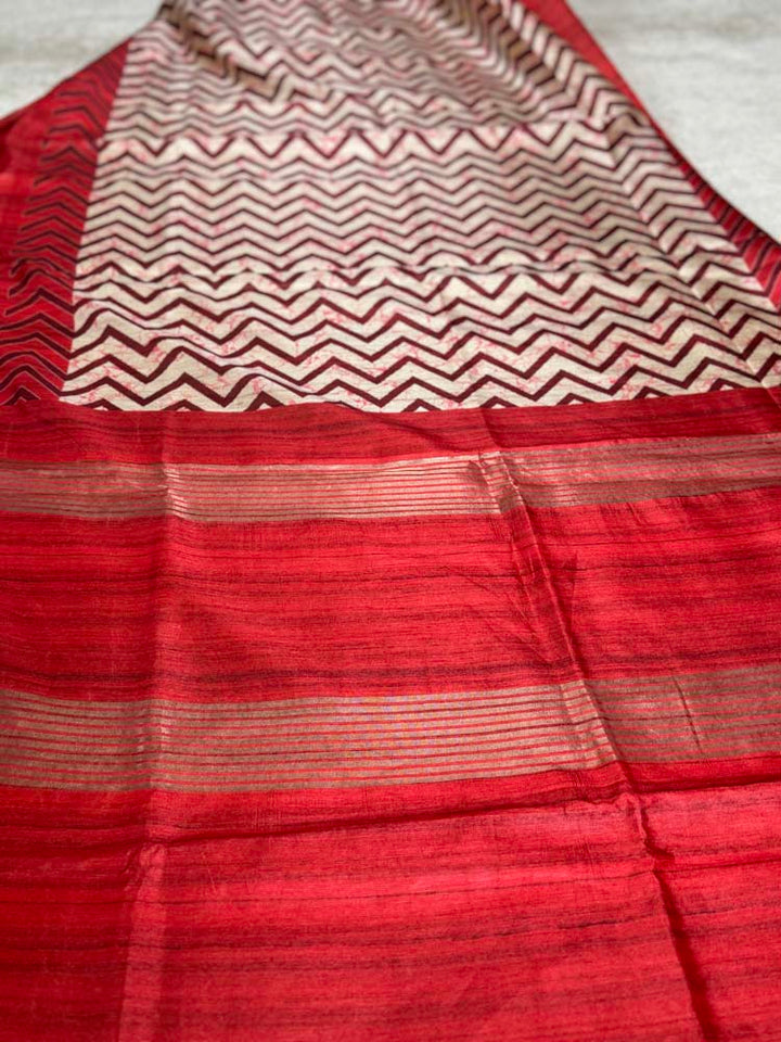Red & Off-White Tussar Silk Saree