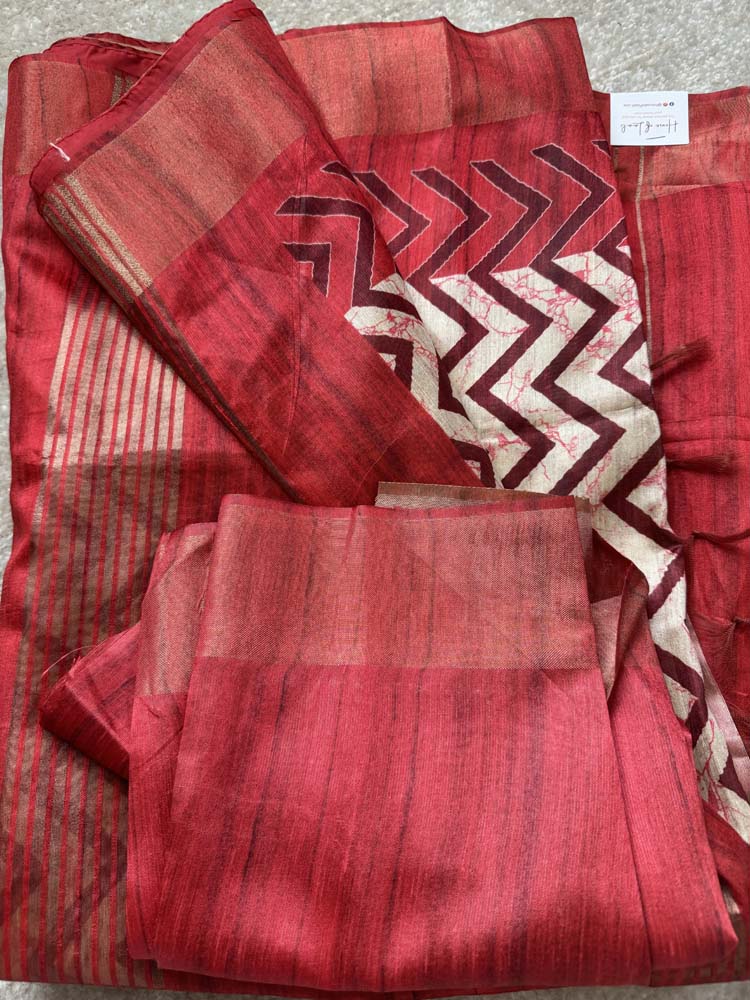 Red & Off-White Tussar Silk Saree